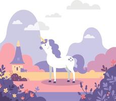 Enchanted unicorn standing proudly in a whimsical landscape with flat design style illustration vector