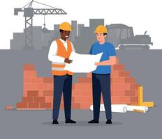 Construction workers collaborating on blueprints in minimal flat style art vector
