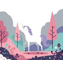 Unicorn standing in a colorful forest with flat design elements and whimsical style illustration vector