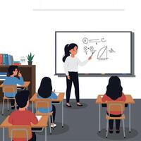 Teacher presenting mathematical concepts to students in a classroom setting with flat design art vector