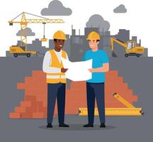 Construction workers discussing blueprints in a flat, colorful design style illustration vector
