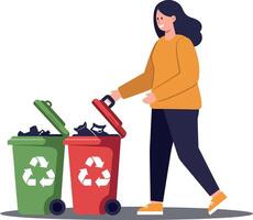 Woman sorting waste between recycling bins in flat, colorful, minimal illustration vector