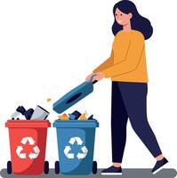 Woman sorting waste into recycling bins in a flat and colorful art style vector