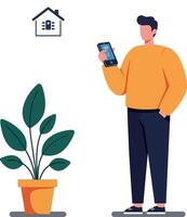 Person using smartphone while standing next to a potted plant in flat art style vector