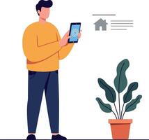 Person using a mobile device while standing next to a potted plant in flat art vector