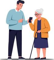 Young man assisting elderly woman with smartphone in detailed flat illustration vector