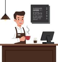 Coffee shop barista serving warm beverage in flat, colorful, minimal illustration vector