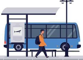 Bus stop scene featuring a man walking, minimal design with blue bus, flat illustration vector