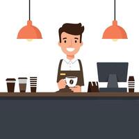 Coffee shop barista smiling while serving customers in flat illustration style with modern design elements vector