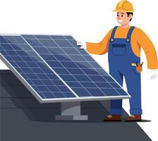 Worker installing solar panel on roof in flat, colorful, cheerful design illustration vector