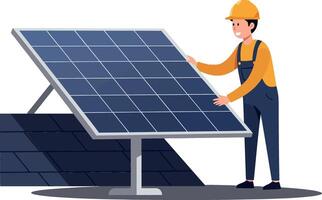 Worker adjusting solar panel with minimal style showcasing renewable energy in art vector