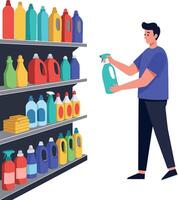 Person selecting cleaning products from a colorful shelf in a flat illustration vector