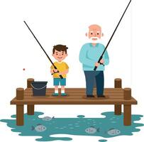 Grandfather and grandson fishing together on a dock in a flat, colorful illustration vector