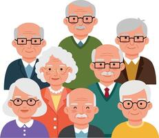 Group of elderly people displaying varied expressions in flat art style with cheerful colors and simple shapes illustration vector