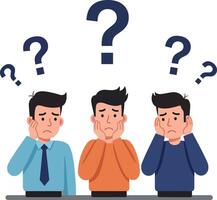 Three confused men in flat design style pondering questions in illustration vector
