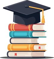 Graduation cap atop stacked colorful books in flat design style art vector