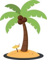 Palm tree illustration with beach umbrella and sand in flat art style showcasing tropical vibes vector