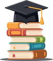 Stack of colorful books topped with a graduation cap in a flat art style vector