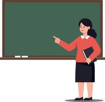 Teacher presenting information in front of a chalkboard in flat, minimal art vector