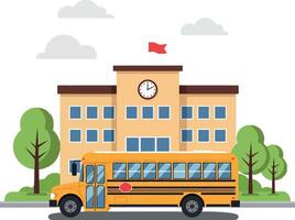 School building with clock and yellow bus in flat minimal art style vector