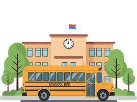 School bus parked in front of detailed school building with trees in flat art vector