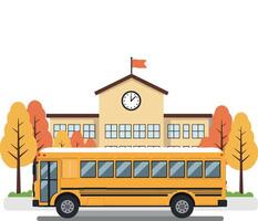 School bus parked in front of a school with trees in a flat illustration vector