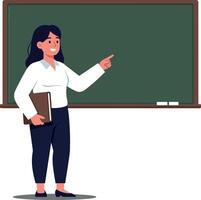Teacher standing by blackboard pointing with one hand, flat design art illustration vector