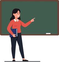 Teacher presenting information in a classroom with a chalkboard in flat art style vector