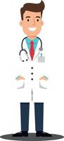 Doctor character standing confidently in flat design with stethoscope and cheerful expression in art vector