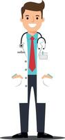 Doctor character in white coat with stethoscope in flat art style showcasing professionalism and approachability in healthcare illustration vector
