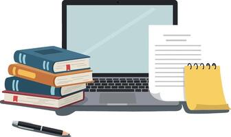 Computer with open screen surrounded by books, notepad, and pen in flat illustration vector