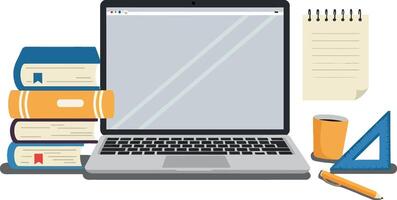 Laptop and study materials in a flat design style showcasing academic tools in art vector