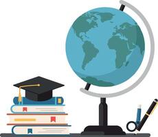 Globe and Books with Graduation Cap in Flat Design Art vector