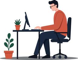 Person working on computer at desk surrounded by plants in flat illustration vector
