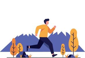 Person running in nature with trees and mountains in flat art style vector
