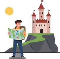 Young traveler holding a map in front of a castle in minimal illustration style vector