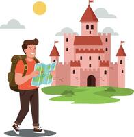 Adventurous traveler exploring a magical castle landscape in flat colorful art vector