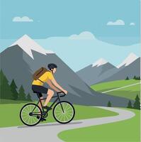 Bicyclist Riding Along Scenic Mountain Path in Flat Design Art vector