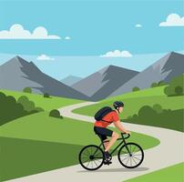 Bicyclist Riding Through Scenic Landscape in Flat Design Style Art vector