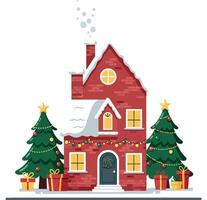 Cozy red brick house adorned with holiday decorations and green trees in flat art vector