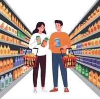 Two shoppers with baskets in a grocery store aisle, flat style illustration vector