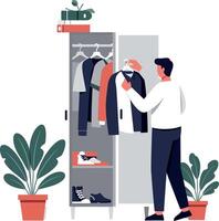 Person organizing clothes in a modern wardrobe with minimal design style art vector