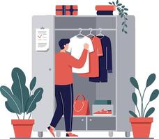 Man organizing clothes in wardrobe with flat design style in vibrant colors illustration vector