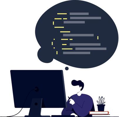 Person coding at a computer with thought bubble of code snippets