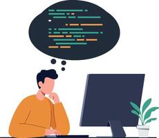 Person thinking deeply while looking at computer screen with code vector