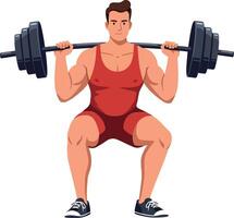 Strong man lifting heavy weights during a squat exercise in flat illustration style art vector