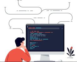 Person coding on computer with colorful code and abstract lines above vector