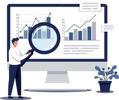 Business professional analyzing data trends on a large computer screen vector