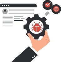 Hand holding gear with bug icon representing software debugging process vector