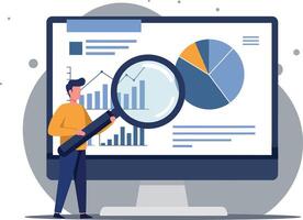 Person analyzing data on computer screen with magnifying glass and charts vector